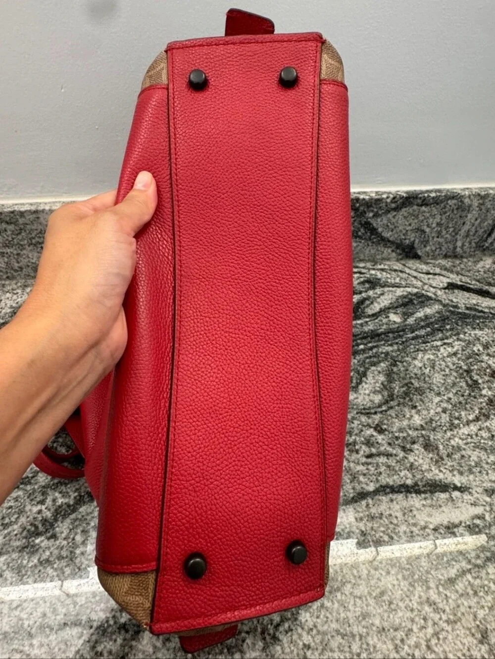 Coach Dalton 31 Red Pebbled Leather Shoulder Bag with Patterned Canvas Sides EUC
